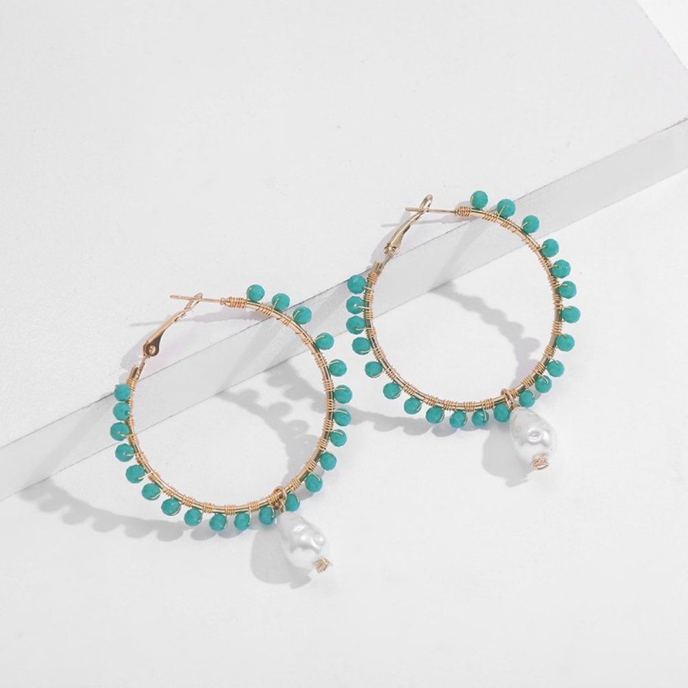 Retro Green Bead Braided Pearl Pendant Earrings